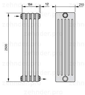 Схема (чертеж) Радиатор Zehnder Charleston 6250/4 №1670 Белый глянцевый RAL 9016